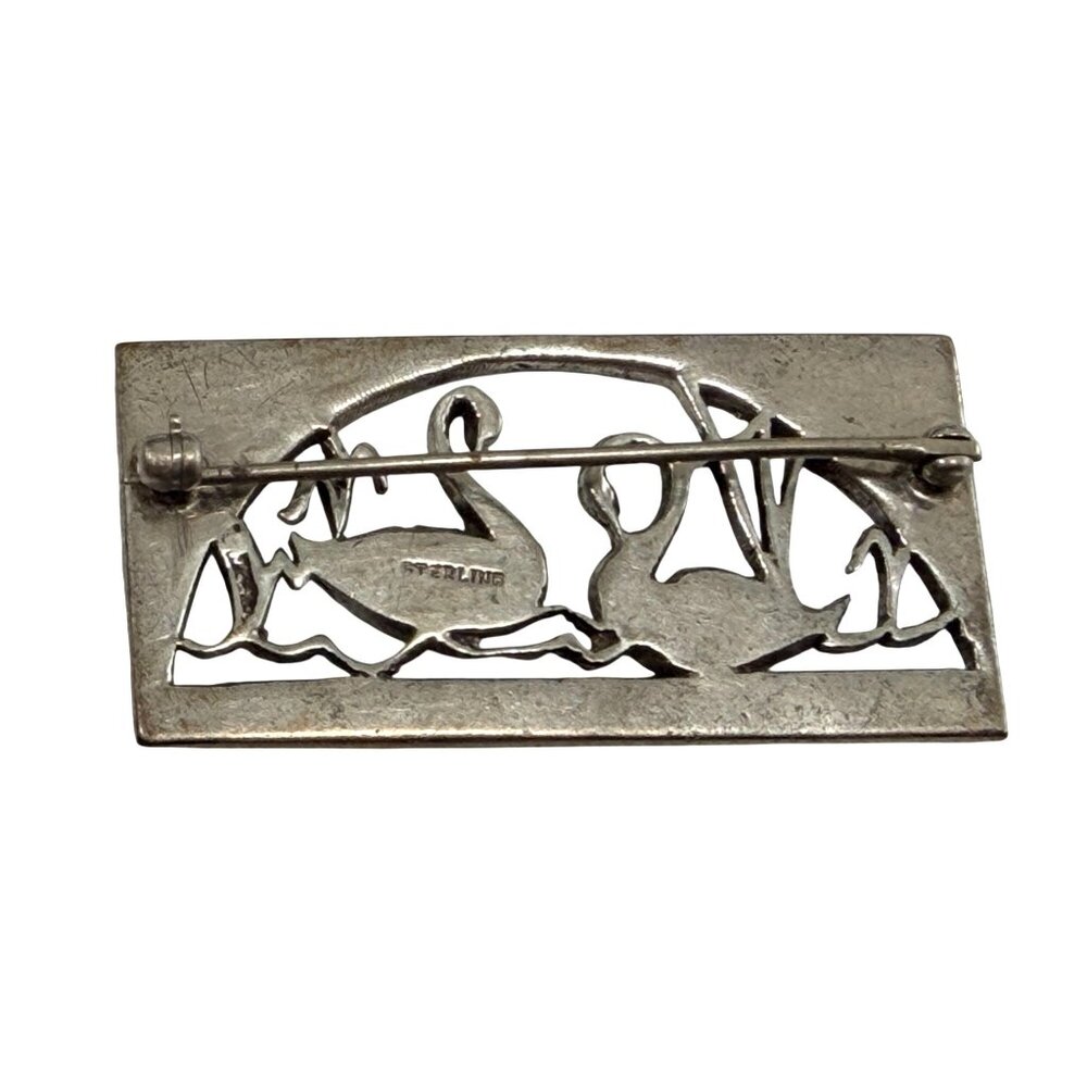 German Vintage Sterling Silver Marcasite Bar Pin Swans Motif 14 grams - Picture 2 of 7